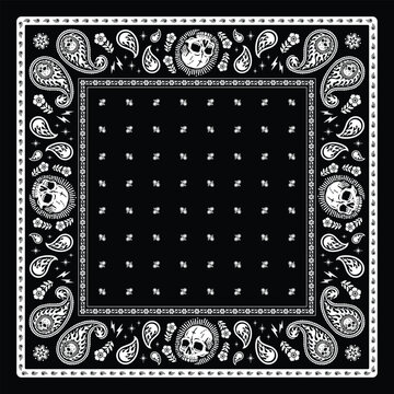 Black and white bandana artwork featuring flaming skull paisley elements, ornamental floral borders, and traditional streetwear tattoo-inspired patterns
