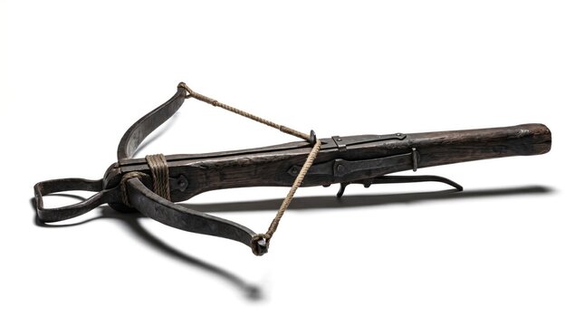 Vintage crossbow on white background, medieval weapon