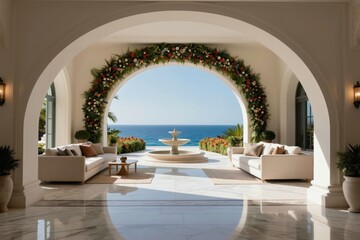 Obraz premium Elegant archway frames ocean view. Luxurious mansion interior boasts white sofas near fountain and rich floral decor. Marble floors gleam under natural light.