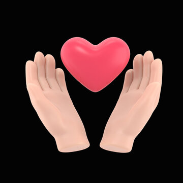 Cartoon Gesture Icon Mockup.Charity concept.Donator holding heart in their hands.3D rendering on black Screen for footage and clipping path.