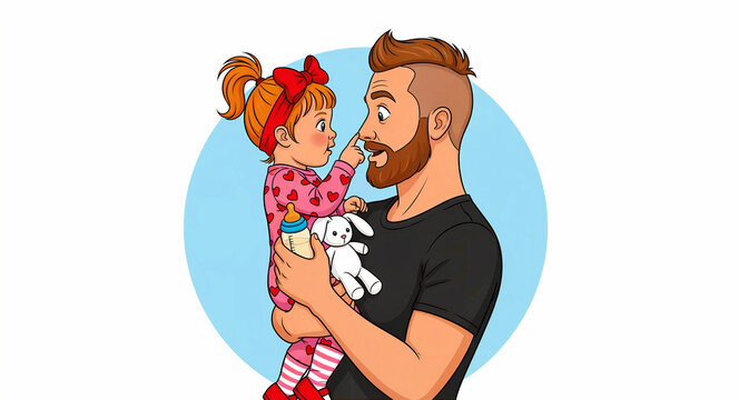 Father holding his young daughter in pajamas. The little girl touches her dad's nose while he holds a bottle and a stuffed bunny toy. Happy family bonding concept for parenting and childcare.