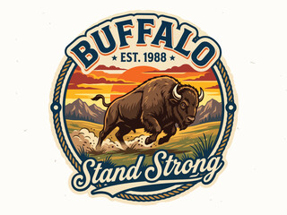 Vintage buffalo mascot logo with charging bison, retro mountain sunset badge, rustic wildlife emblem for apparel and outdoor branding © Hiền