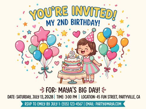 Colorful 2nd birthday invitation vector, cute girl celebrating with cake and balloons, festive party announcement template with stars and hearts