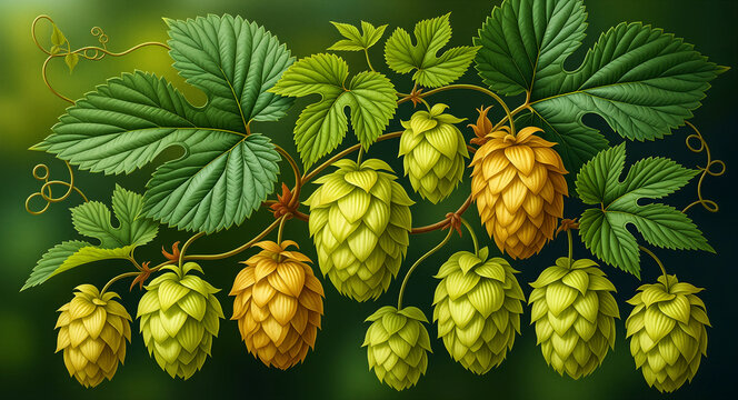 Hop cones hanging on a vine with lush green leaves. Detailed botanical illustration of humulus lupulus plants in a vineyard. Craft brewery ingredient concept for beer label and beverage marketing.