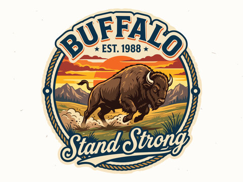 Vintage buffalo mascot logo with charging bison, retro mountain sunset badge, rustic wildlife emblem for apparel and outdoor branding