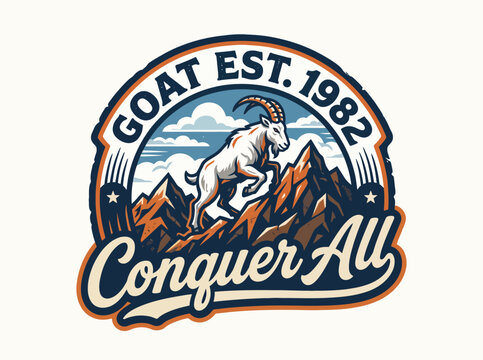 Vintage Mountain Goat Emblem, Retro Outdoor Adventure Badge with Goat Est. 1982 Text, Conquer All Wildlife Mascot Vector Illustration