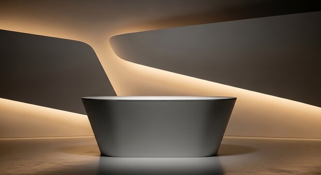 Modern minimalist freestanding bathtub in a futuristic architectural setting