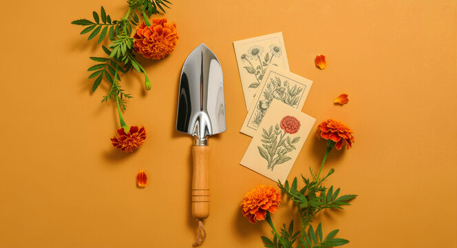 Metal garden trowel with wooden handle alongside orange marigold flowers. Vintage seed packets arranged on a flat lay orange background. Gardening hobby and planting concept for horticultural.