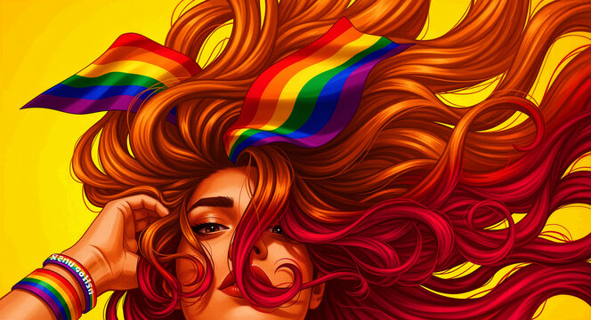 Woman with flowing hair and rainbow pride flags illustration. Vibrant portrait featuring LGBTQ symbols on a yellow background. Pride and inclusion concept for diversity marketing.