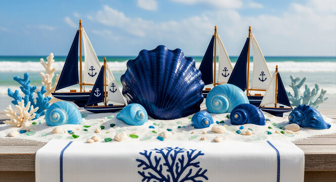 Nautical tabletop display with blue seashells and miniature sailboats. Decorative arrangement on white sand with coral and beach glass. Coastal decor concept for summer travel and marine marketing.