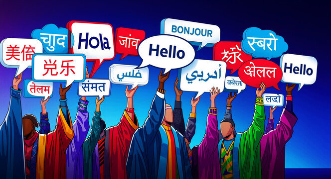 Diverse group holding speech bubbles with international greetings. Colorful illustration showing global communication with words like Hello and Hola. Translation concept for language learning apps.