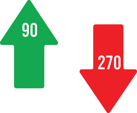 Green up arrow with number 90 and red down arrow with number 270 icon set