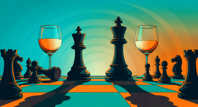 Stylized chess pieces and wine glasses on a game board. Strategic arrangement of king, queen, and pawns with amber liquid in stemware. Business strategy and luxury lifestyle concept for marketing.