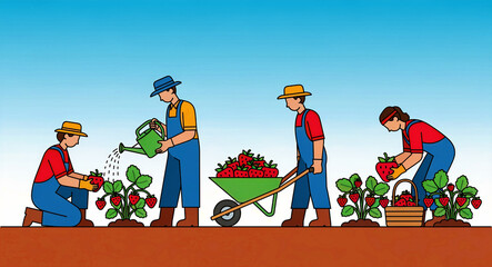 Fototapeta premium Group of farmers harvesting fresh strawberries in a field. Workers watering plants and collecting red berries in a wheelbarrow. Organic agriculture concept for farming and food industry marketing.