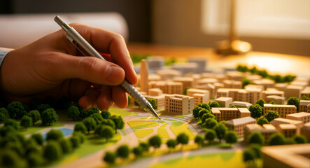 Fototapeta premium Architect hand pointing with pencil at a miniature city model. Professional designer working on a building development project. Urban planning concept for real estate and engineering marketing.