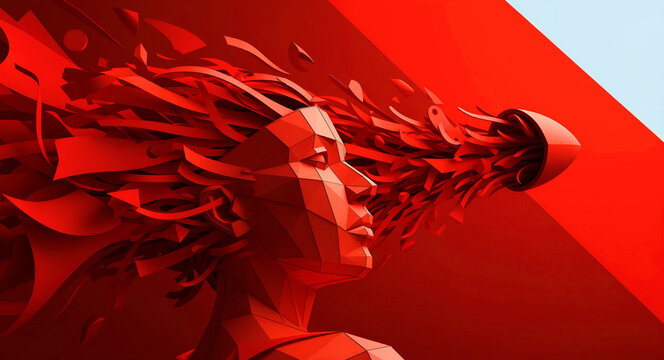 Red low-poly abstract sculpture of a woman's head with flowing hair. Vibrant 3D monochrome artwork with geometric facets and fragments. Mental energy and creativity concept for modern marketing.
