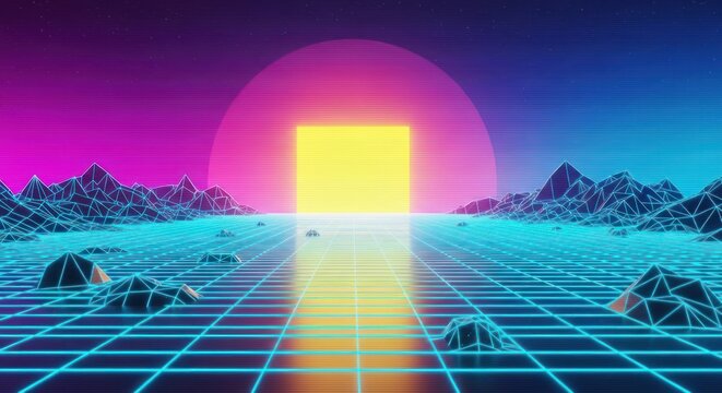 Retro digital grid landscape with wireframe mountains and glowing sun