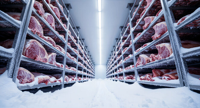 Frozen raw beef cuts on metal racks in an industrial cold room. Frost covers the shelves in a sub-zero temperature warehouse. Food preservation concept for meat industry logistics marketing.