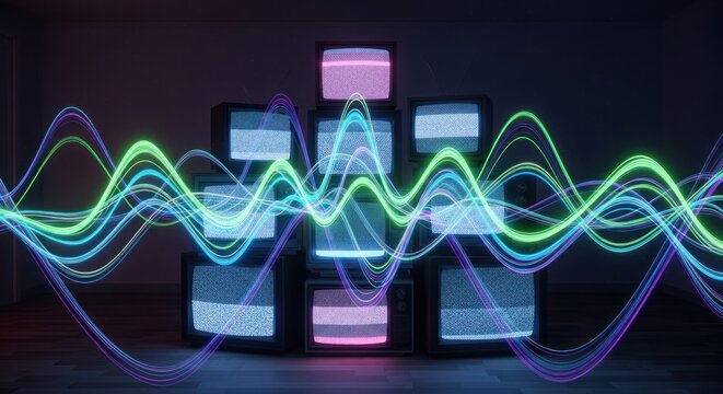 Retro televisions with vibrant glowing waves in a dark room