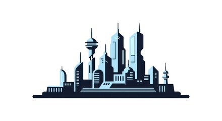 Obraz premium Flat design blue city skyline silhouette with futuristic towers