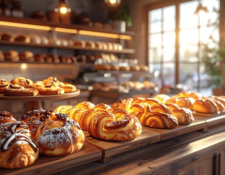 A bakery display case filled with assorted pastries and a blurred background