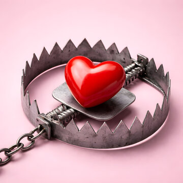 Red heart trapped inside steel bear trap, toxic relationship emotional danger concept. Love betrayal, heartbreak, abusive romance, manipulation, emotional pain, relationship crisis, psychological trau