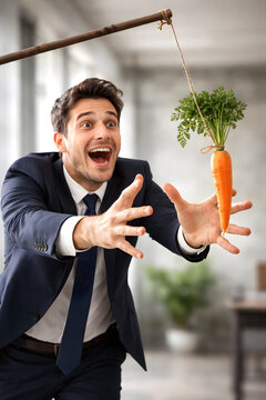 Businessman chasing carrot on a stick, motivation manipulation and unattainable reward concept. Ambitious employee reaching for impossible incentive, workplace productivity pressure, false promises, c