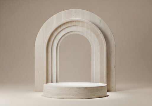 Minimalist travertine stone arch display podium for product presentation