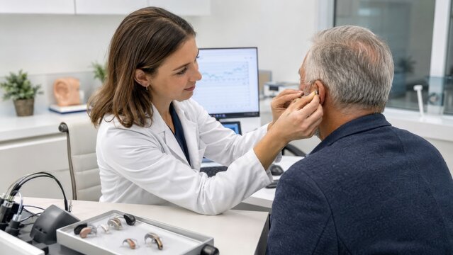 Hearing specialist assists patient with hearing device in clinic sitting in front of computer screen