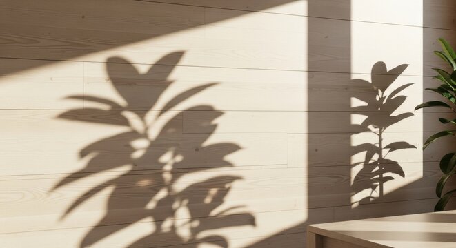 Fiddle Leaf Fig Leaves Casting Shadows on a Light Wooden Wall in Warm Sunlight