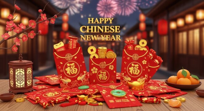Traditional Chinese New Year with red envelopes, tangerines, and fireworks