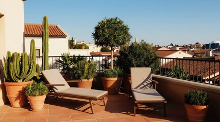 Obraz premium Rooftop terrace with potted plants and lounge chairs offers serene city views. This outdoor space provides a peaceful urban retreat with lush greenery and warm sunlight, perfect for relaxation.