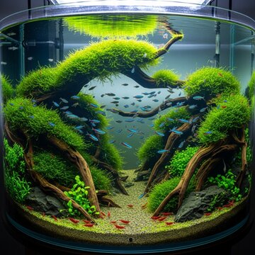 Lush Circular Freshwater Aquascape with Neon Tetra Fish Green Moss and Natural Driftwood in a Clean Glass Tank