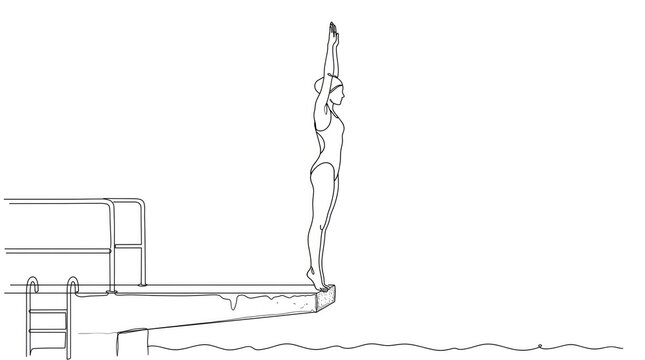 Diver jumping into water from diving board line art illustration