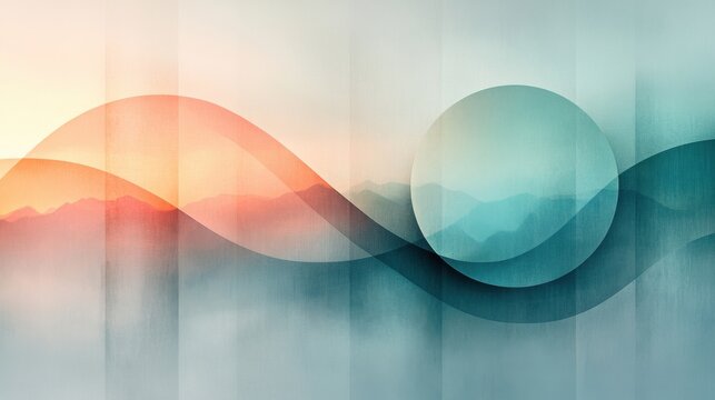 Geometric abstraction with thin lines and overlapping circles in pastel tones on a light grey background