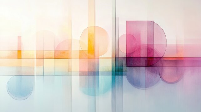 Geometric shapes in soft colors create a modern design with intersecting lines and overlapping circles on a pale grey background for art lovers and design enthusiasts