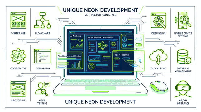 Software Development Process with Neon Icons and Laptop