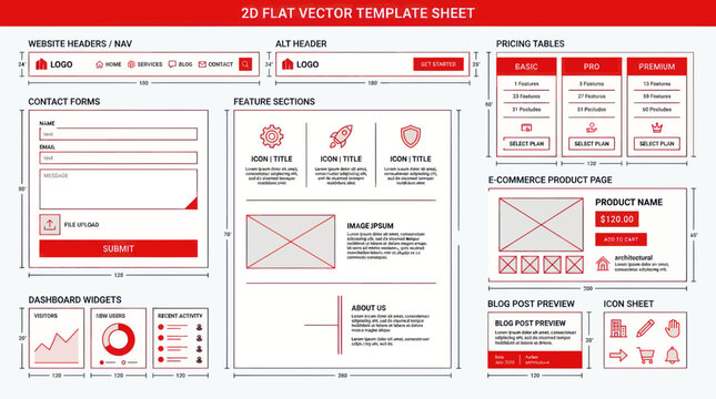 Web Design UI Elements Template Sheet, Wireframe Layouts, Icons, Forms