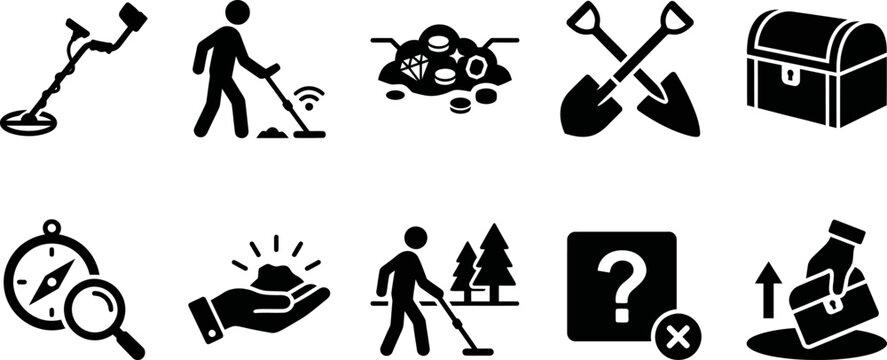 Black and white treasure hunt icons with various symbols and tools used for searching
