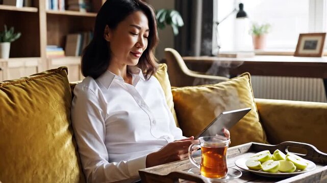Asian woman using tablet at home on sofa, with tea and sliced apples.