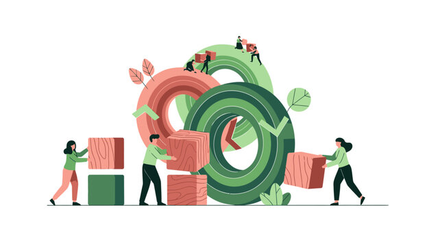 Circular Economy and Sustainability Concept Illustration: Teamwork Building Sustainable Business Processes
