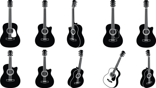 Acoustic Guitar Silhouette Vector Icon Set Featuring Classic Dreadnought, Cutaway bodies, and Various Angles for Country, Folk, and Rock Music Graphic Designs
