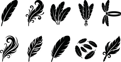 Collection of various black feather silhouettes on white background for design © SAYEDAJANNATUL