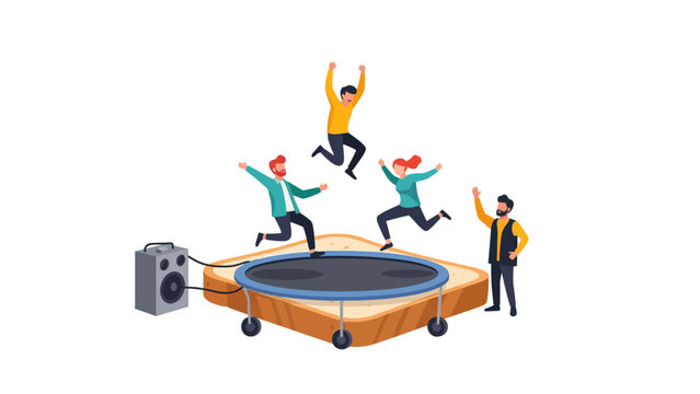 Group of Happy People Jumping on a Trampoline Built into a Giant Toast Slice - Surreal Morning Energy Concept Vector Illustration