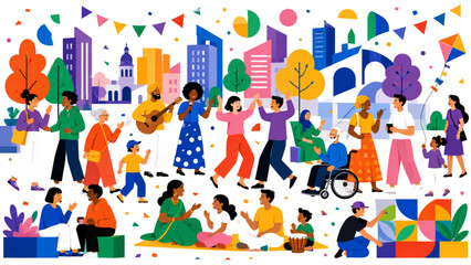 Fototapeta premium Diverse community people at a vibrant city festival, multicultural crowd celebrating in a public park, flat vector illustration of urban life