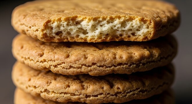 Close-up macro photograph of a stack of golden brown biscuits with one biscuit broken in half revealing a crumbly interior on a dark background