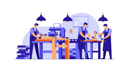 Fototapeta premium Group of Carpenters Working in Woodworking Factory with Modern Machinery and Tools for Furniture Production Illustration