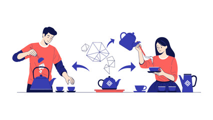 Fototapeta premium Digital Transformation and Data Management Concept Vector Illustration of Man and Woman Brewing Ideas and Information Flow