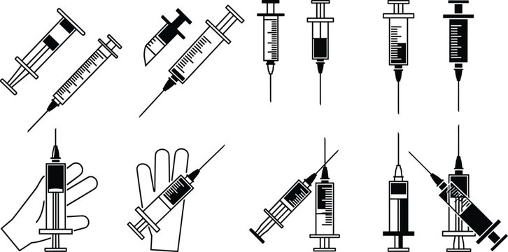 Medical Syringe and Injection Needle Silhouette Vector Icon Set Featuring Hands Holding Hypodermic Serums for Vaccination, Laboratory, and Healthcare Designs
