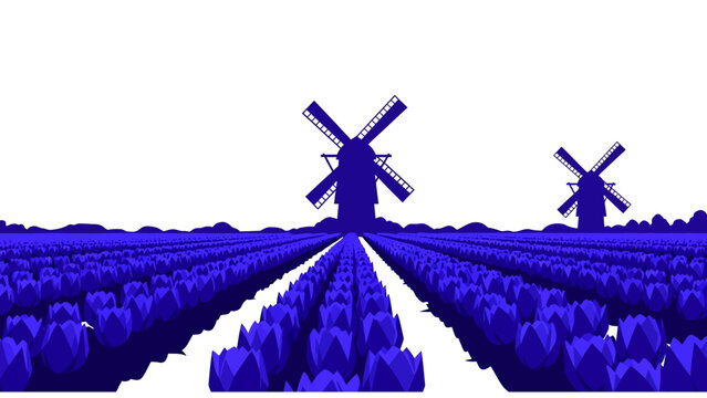 Minimalist Blue Tulip Field with Windmills Illustration, Dutch Landscape Vector Art Background
